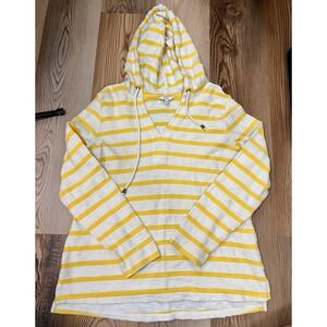 Crown & Ivy Womens Yellow White Striped V-Neck Hoodie Sweatshirt Small Nautical